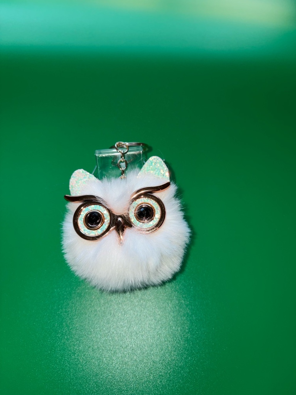 White Furry Owl Keychain with Glitter Ears